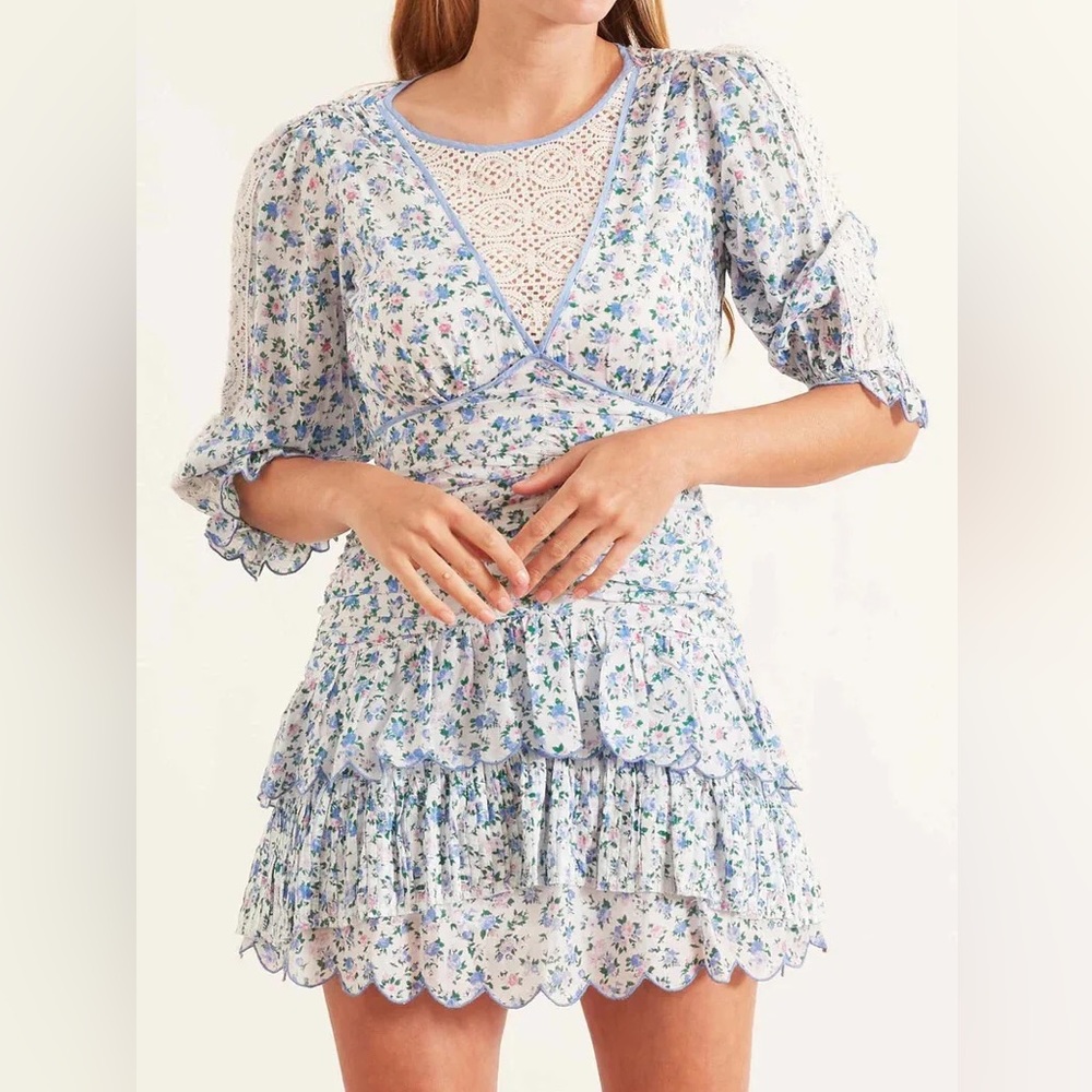 LoveShackFancy Marquise Ruched Blue Floral Mini Dress 8 NWT
